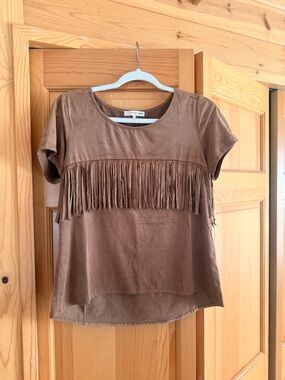orange creek Brown Fringe Short Sleeve Top